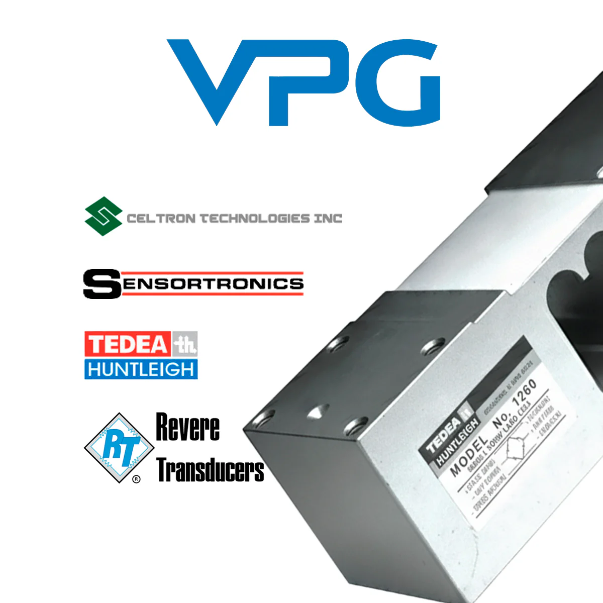 Logo de VPG (Vishay Precision Group) con sus marcas Celtron Technologies, Sensortronics, Tedea Huntleigh y Revere Transducers, junto a una celda de carga tipo solo punto